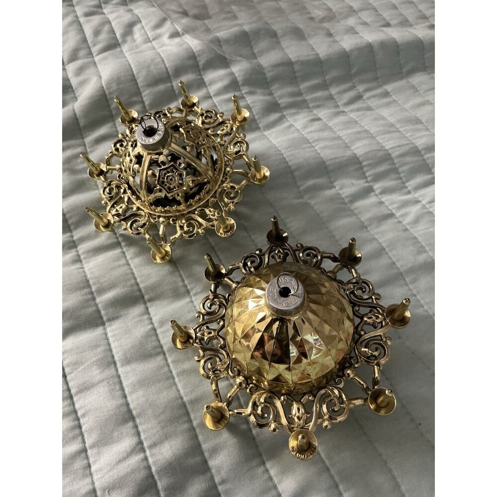 2 Vtg Bradford Luma-Lite Chandelier Christmas Ornaments Gold Silver Plastic